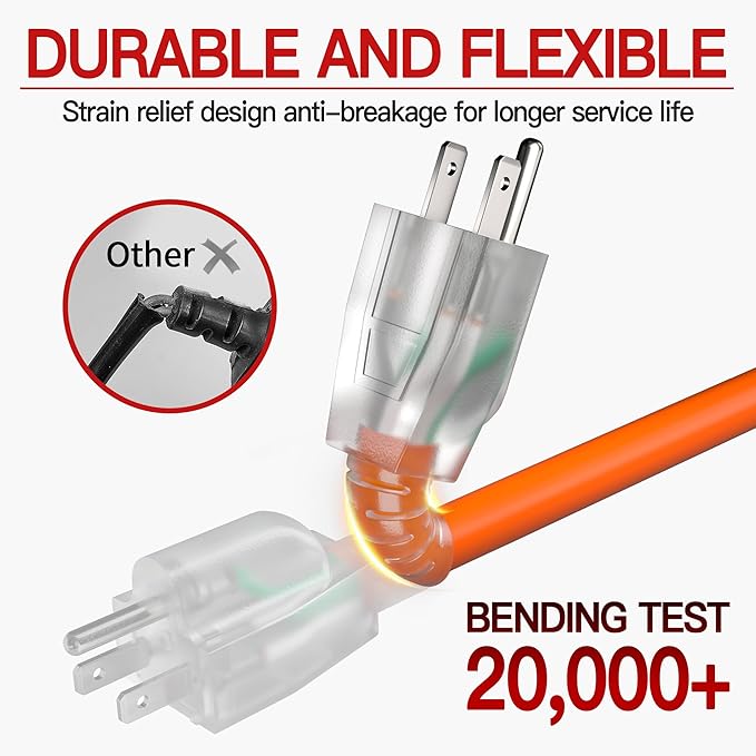 25 FT 12 Gauge Extension Cord Outdoor, Heavy Duty Weatherproof & Flame Retardant Orange 3 Prong Power Cord with Light, Outside for Lawn & Garden, 15 Amps 1875 Watts 125 VAC 12AWG SJTW, ETL Listed