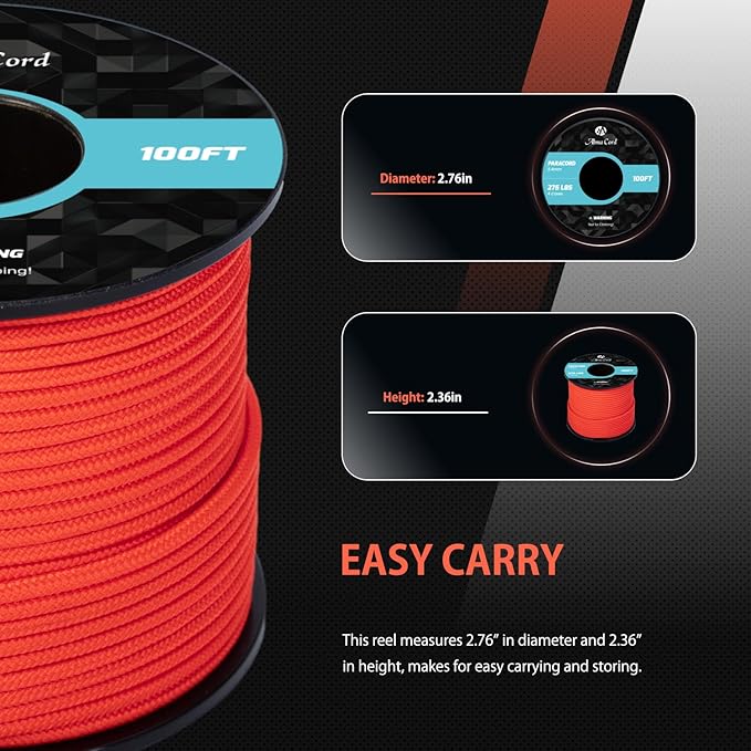 Abma Cord 2.4mm Paracord 275 100ft Nylon Rope 4 Strands Tactical Parachute Cord - Max. 275lbs - Neon Orange