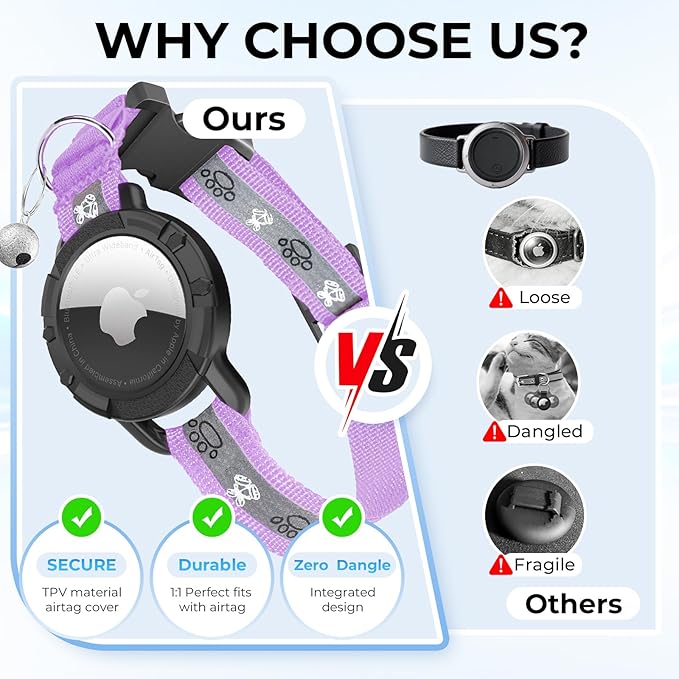 Breakaway AirTag Cat Collar, Reflective Cat Tracker Collar with Air Tag Holder and Bell, Safety Elastic Band Cat GPS Collars for Girl Boy Cats, Kittens and Puppies (Lilac, 8-13'')