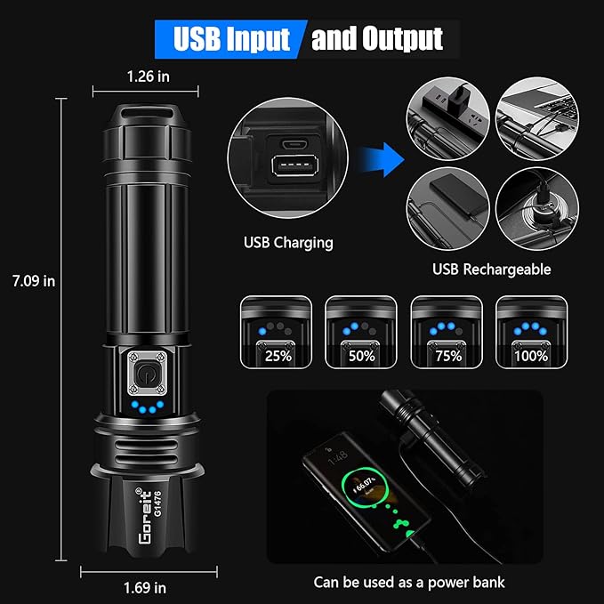 Goreit Super Bright LED Flashlight - 30W Output for 50000 Lumens & 3937ft Beam, USB-C Rechargeable with 12H Runtime, IP67 Waterproof Powerful Handheld Linternas for Home, Camping, Hiking, Emergency
