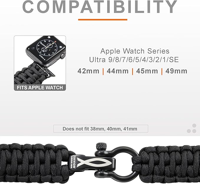 Savior Survival Gear Paracord Watch Band - Compatible with Apple Watch Band 49mm 46mm 45mm 44mm 42mm - iWatch Band Series Ultra 10 9 8 7 6 5 4 3 2 1 SE – Adjustable strap for men (Black, X-Large)