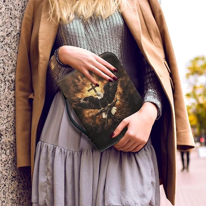 Large Bible Cover Case for Women Men Bald Eagle and Cross Print PU Leather Bible Case with Bookmark Church Bag Book Carrying Case Bible Cover for Women Men Bible Case for Men Women
