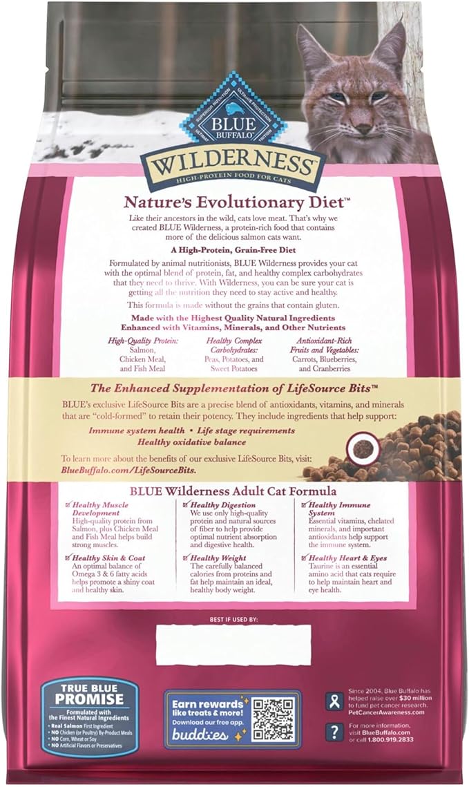 Blue Buffalo Wilderness Natural Adult Dry Cat Food, High-Protein and Grain-Free Diet, Supports Healthy Muscle Development and a Healthy Immune System, Salmon, 5-lb Bag
