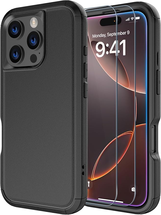 for iPhone 16 Pro Max Case [Shockproof] [Dropproof] [with Screen Protector ] Heavy Duty Protection Phone Case Cover for iPhone 16 Promax- Black