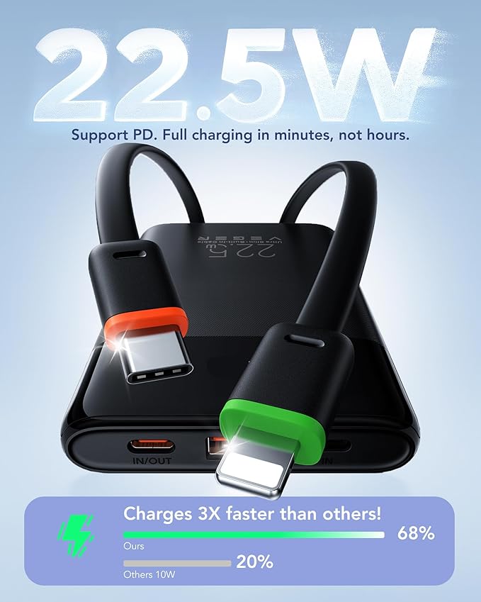 VEGER Portable Charger, Ultra Slim 22.5W Fast Charging with Built in Cable, Flight-Safe 10000mAh USB C Power Bank Battery Pack, Travel Essential Phone Powerbank for iPhone 17 16 Samsung S25 Google etc
