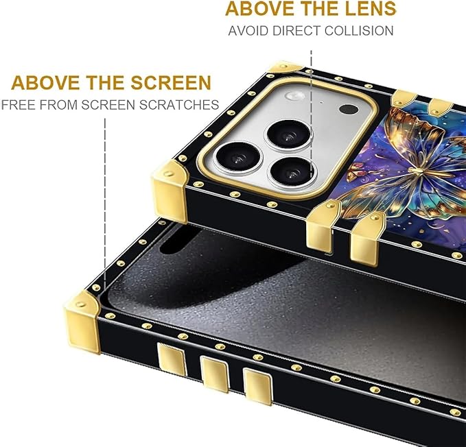 for iPhone 17 Pro Case Luxury Golden Decoration for Girl Women Soft TPU Shockproof Protective Hard PC Back for iPhone 17 Pro Crazy Pattern Glistening Golden Butterfly Vibrant Purple Blue