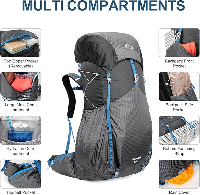 IX INOXTO 55L Internal Frame Waterproof Hiking Camping Backpack with 3L Water Bladder and Rain Cover, Large Lightweight Travel Daypack Rucksack for Climbing (Dark Gray)