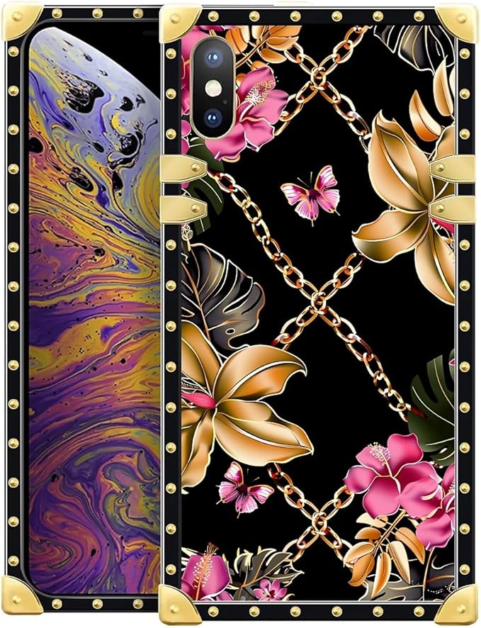 Compatible with iPhone XR Case, Pink Golden Chain Tropical Flower Luxury Golden Decoration for Girl Women Soft TPU Shockproof Protective Hard PC Back for iPhone XR