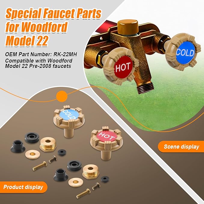 RK-22MH Outdoor Faucet Repair Kit for Woodford Model 22 Outside Faucets Parts Include Wheel Metal Handle Screws Packing Nut Washer Valve Seat Rubber, 18PCS Set