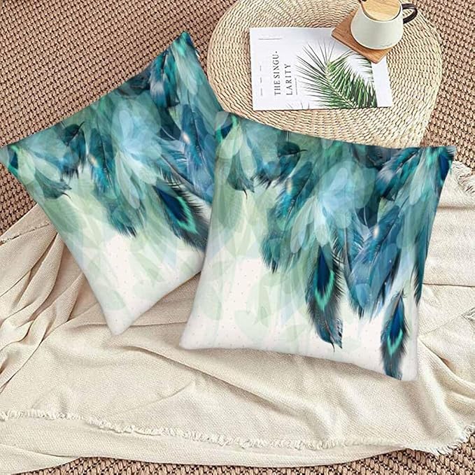 Peacock Feather 18 X 18 Pillow Covers Watercolor Gradient Blue Soft Halo Green Leaves Set of 2 Pillow Cases Square Velvet Outdoor Pillowcases Decorative for Home Bed Sofa Couch Hotel