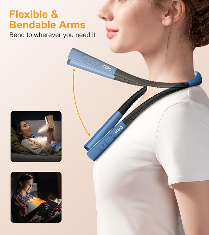 Gritin Book Light, Eye Caring 4-Color & 5-Brightness Neck Light Reading Light- Stepless Dimming,30-min Timer,80+ Hrs Runtime,Bendable Round Neck Design, Lightweight for Reading-Porcelain Blue