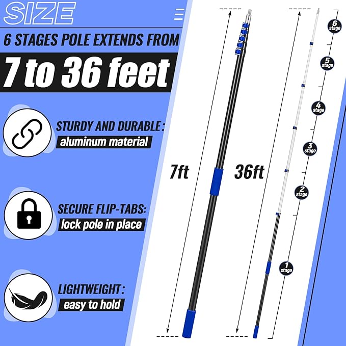 7-36 ft Telescopic Extension Pole with Utility Hook, Multi-Purpose Aluminum Pole for Painting, Dusting and New Year Window Cleaning Christmas Lights Installation Without a Ladder (Blue)