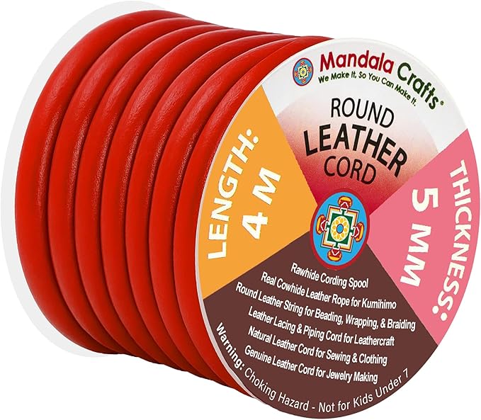 Mandala Crafts Round Genuine Red Leather Cord for Jewelry Making – 5mm Cowhide Leather Rope String Lace for Kumihimo – 4.4 Yards Cowhide Craft Cording Spool