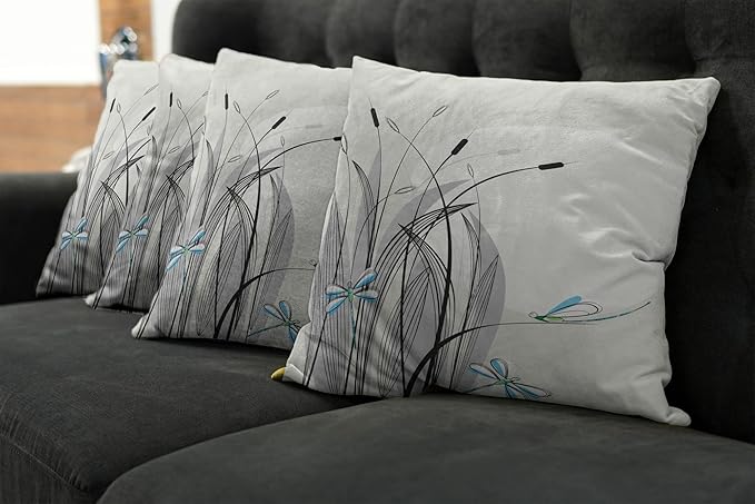 Ambesonne Dragonfly Decorative Throw Pillow Case Pack of 4, Dragonflies on Flowers and Branches Flourishing Nature Spring Time Predator, Cushion Cover for Couch Living Room Car, 20", Beige Charcoal