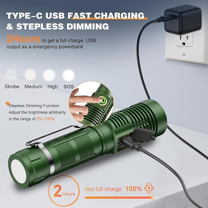 Hoxida Small Tactical Flashlights High Lumens - 1500 Meters Long Beam Super Bright LED Magnetic Flashlight USB Rechargeable Zoomable 5Modes Long Beam Spotlight Flashlight for Hiking, Camping-Green