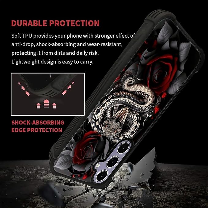 for Samsung Galaxy S24 S25 Case, Entwined Rose Snake Pattern Graphic Design Girl Boy Soft Silicone Hard Acrylic Shock Protection for Samsung Galaxy S24 S25