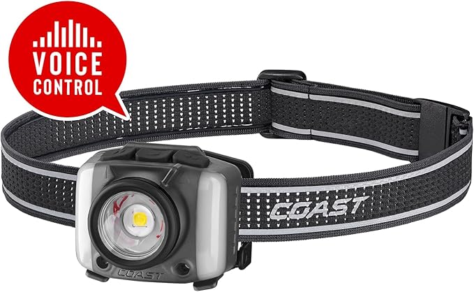 Coast FL97R Voice-Controlled 1200 Lumen Rechargeable LED Headlamp with Pure Beam® Spot & Flood, ARC Lighting, Red & Green Color Modes, Glide Focus™ Radial Arm Dial and USB-C Charge Port, Grey
