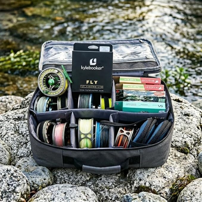 Kylebooker Fly Fishing Reel and Gear Case, Portable Tackle Organizer Storage Travel Bag for Spinning Baitcasting Fly Reels