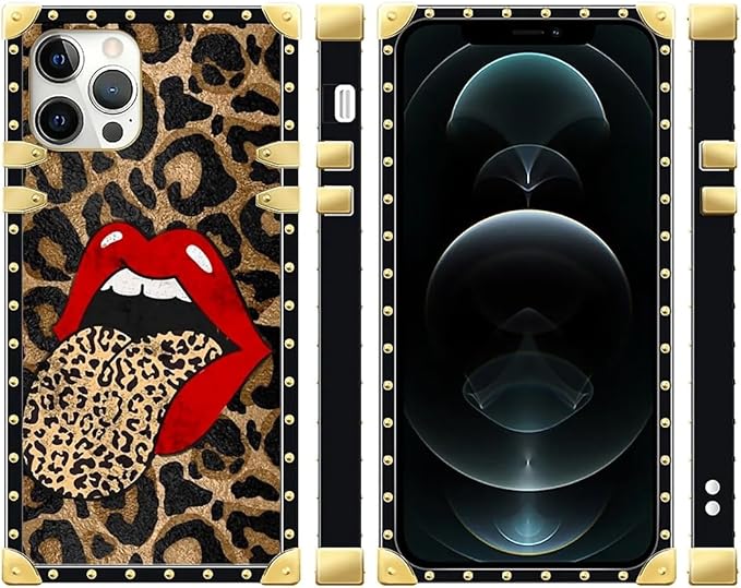 Compatible with iPhone 12 Pro Max Case, Brown Leopard Print Mouth Luxury Golden Decoration for Girl Women Soft TPU Shockproof Protective Hard PC Back for iPhone 12 Pro Max
