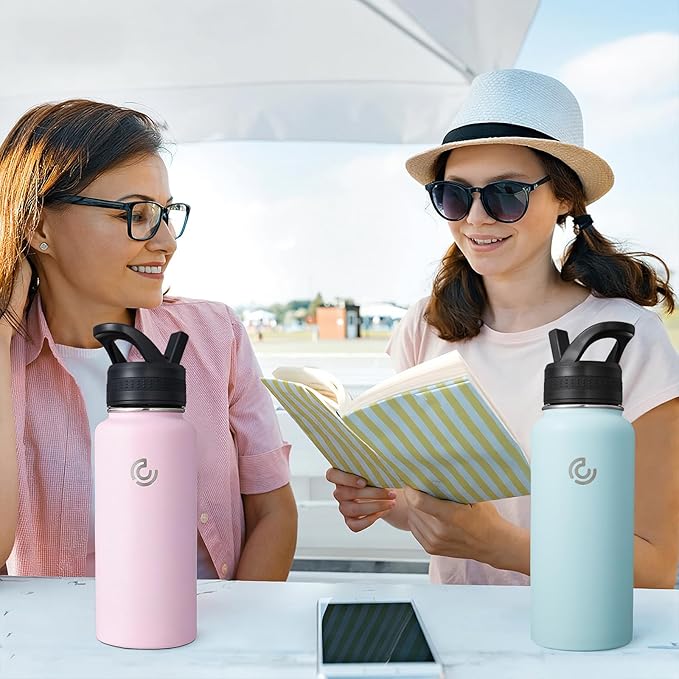 COKTIK 32oz Sports Water Bottle, Stainless Steel Water Bottle for Insulated, Reusable Travel Bottle, With Straw, With Handle Grip for Easy Carrying, Suitable for Cycling, Outdoor Vacations(FOG)