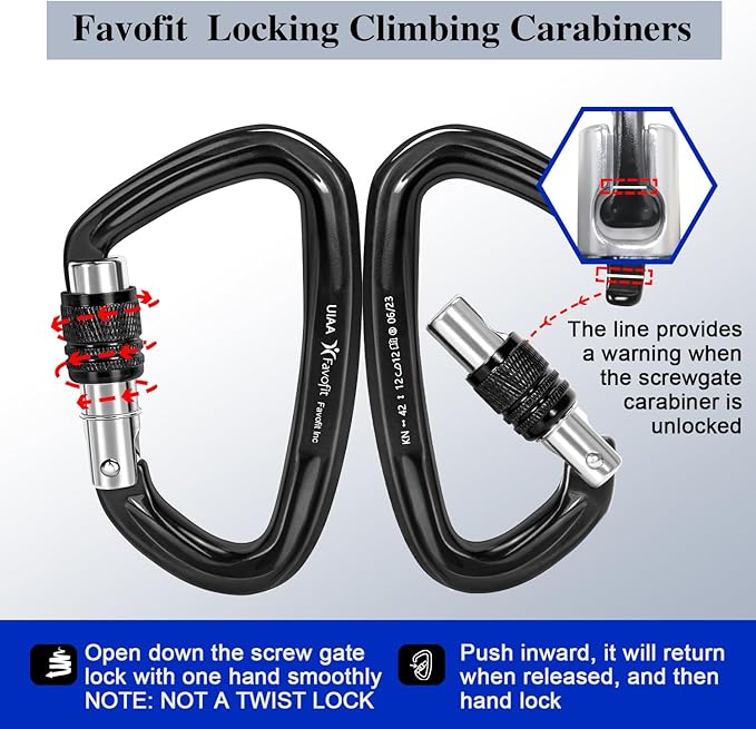 UIAA Certified 25kN-42kN Climbing Carabiners - Favofit Heavy Duty Locking Carabiner Clips with Twist or Screw Lock - Professional Rock Climbing Gear for Tree Climbing Arborist Rappelling & Rescue