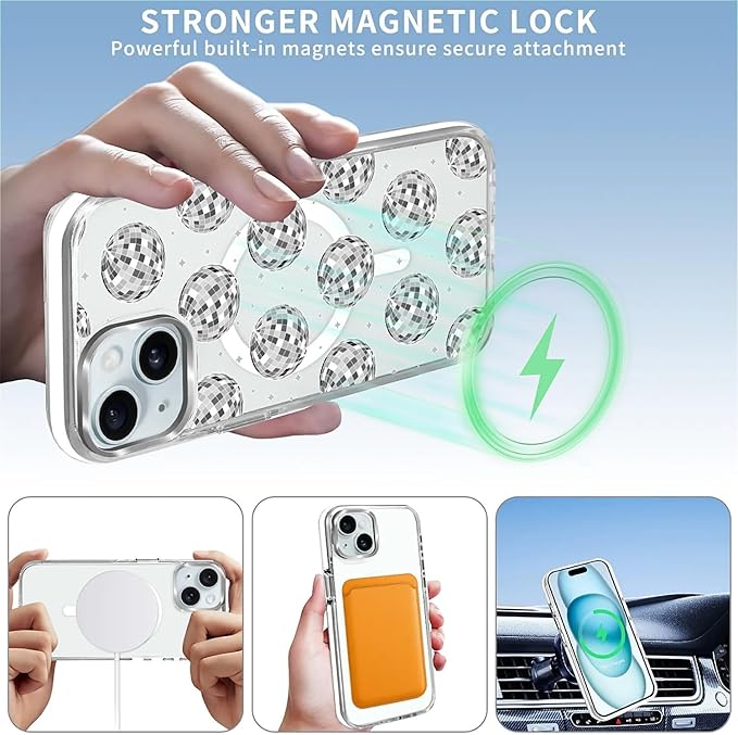 Case for iPhone 15,[Compatible with MagSafe],Disco Ball Grayish White Phone Case Design，for Women Girls Magnetic Clear Cover - Slim, Sleek, & Shockproof Protection