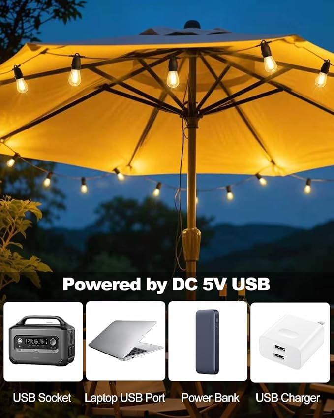 BRIMAX 24.6Ft USB Powered String Lights,10 LED Bulbs Waterproof & Shatterproof Outdoor Camping String Light Dimmable Brightness with Swith for Tents,Patio,Backyard and Holidays,2700K Warm White