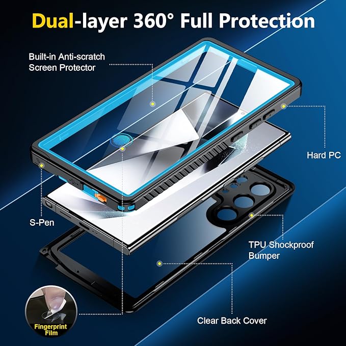 SPIDERCASE Upgraded for Samsung Galaxy S24 Ultra Case Waterproof,Built-in Screen & Camera Lens Protector[IP68 Underwater] [Military Grade Shockproof] Full Body Protection Phone Case,Blue/Clear