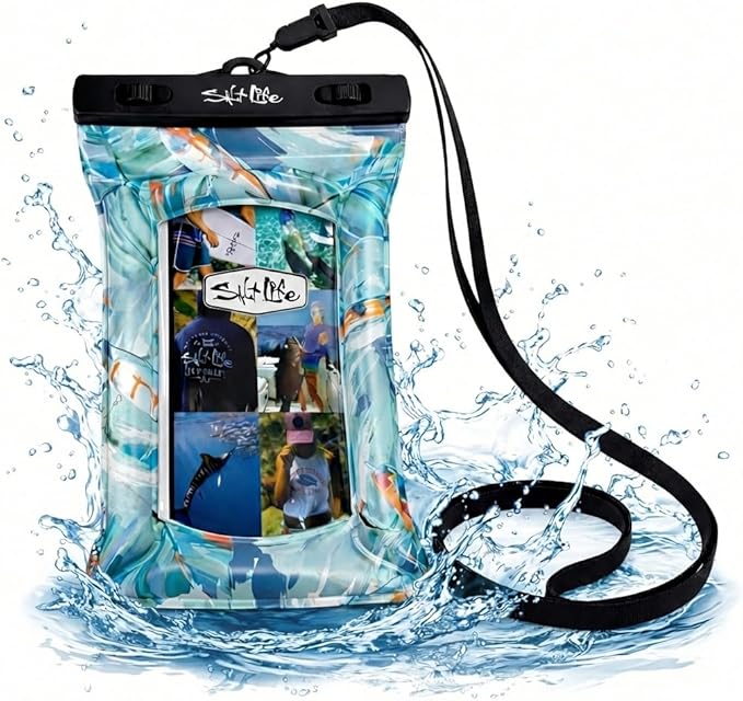 Salt Life Floating Waterproof Phone Case– IPX8 100% Waterproof Phone Case that Floats in Water, Universal Phone Dry Bag with Touchscreen Clear Window, Secure Seal Closure & Lanyard (Catch Me)