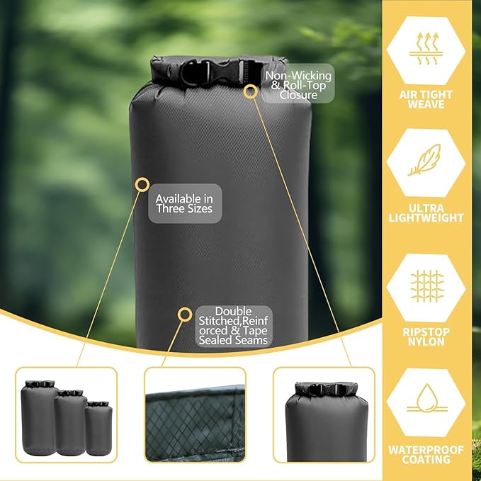 Waterproof Dry Bags 3 Pack (5L, 10L, 20L) - Lightweight Waterproof Storage Bags for Travel, Boating, Fishing, Rafting, Swimming, Camping & Outdoor Activities - Durable & Compact Design - Grey