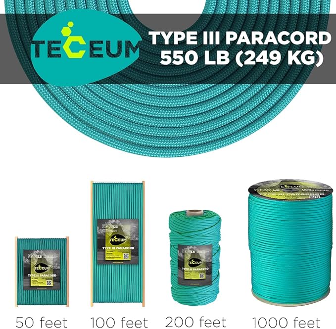 TECEUM Reflective Paracord Rope 1000 – 1000ft/200ft/100ft/50ft – 40+ Colors – Glow in The Dark – para Cord – Utility Rope for Survival, Hunting & Camping Gear – Nylon String, Camping Rope, Tent Cord