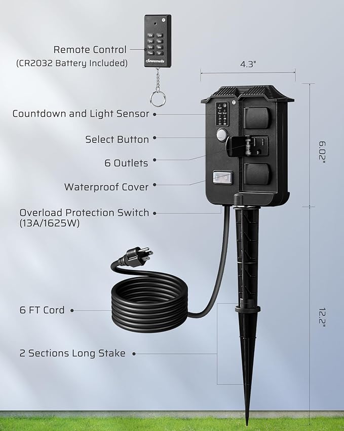 DEWENWILS Outdoor Power Stake Timer Waterproof, 6 Grounded Outlets, 6FT Extension Cord, 100FT Wireless Remote Control, Photocell Dusk to Dawn Timer for Lights, Yard, Garden, UL Listed, Black