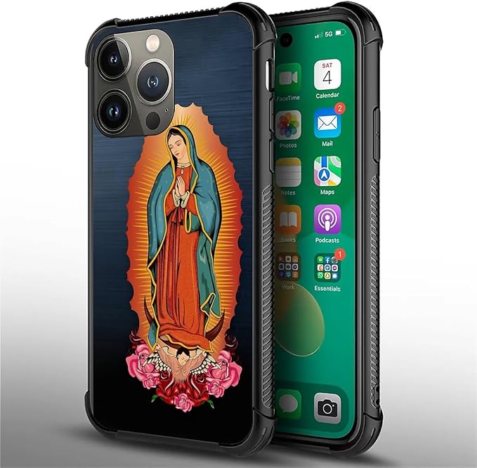 for iPhone 14 Pro Case, Red Virgen Guadalupe Pattern Graphic Design Girl Boy Soft Silicone Hard Acrylic Shock Protection for iPhone 14 Pro
