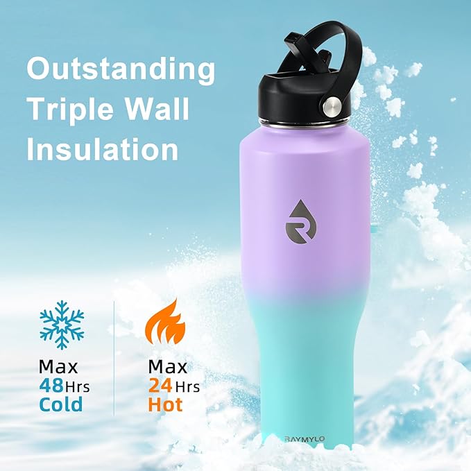 RAYMYLO 40 oz Insulated Water Bottle with Straw fit in Car Cup Holder, Triple Wall Vacuum Stainless Steel(Cold 48 hrs, Hot 24 hrs), Leakproof & Non-BPA, Hydro Travel Flask with Straw and Spout Lid