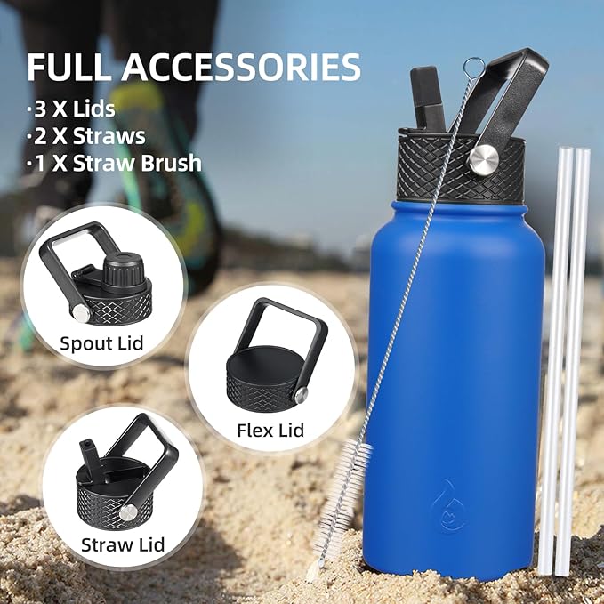BJPKPK Insulated Water Bottles with Straw Lid, 40oz Stainless Steel Metal Water Bottle with 3 Lids, Reusable Thermo, Keep Cold Hot for Sports, Gym-Ocean
