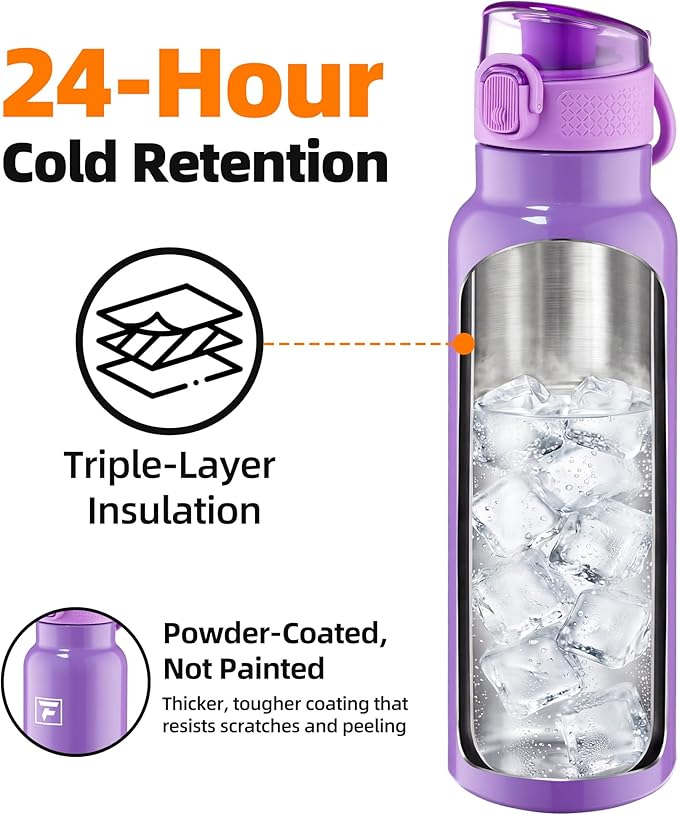 Fanhaw Daylite Series 24 oz Stainless Steel Insulated Water Bottle with Silicone Spout Lid, Double-Wall Vacuum Leakproof Metal Bottle, Anniversary Birthday Gift for Kids, Women & Men (Lilac)