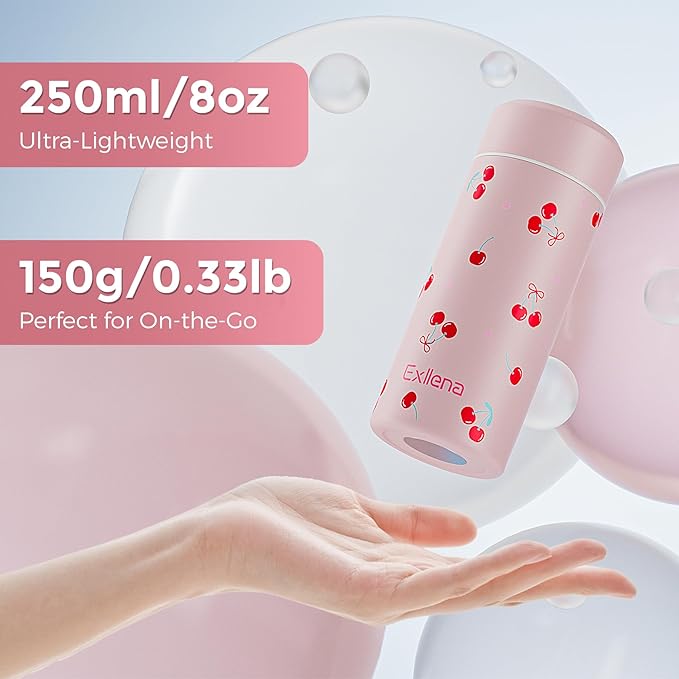 【Upgraded】Exllena Small Insulated Water Bottle 8 oz/250ml– Mini Insulated Water Bottle for Hot & Cold Drinks, Perfect Small Water Bottle for Travel, Purse...(Cherry)
