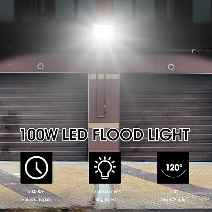 XYCN 4 Pack 100W LED Flood Light, IP66 Waterproof Outside Flood Light, 12500LM Super Bright Outdoor Security Lights, 5000K Daylight White Floodlight for Yard Garden Playground Basketball Court Patio