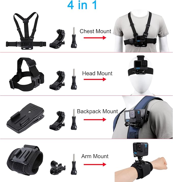 Accessories Set for GoPro Hero 13/12/11/10/9/8/7/6/5/4,New Quick Release Head Strap Mount + Chest Mount Harness + Backpack Clip Holder + 360°Rotating Wrist Strap
