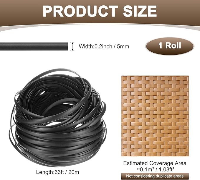 M METERXITY 1-Pack Wicker Repair Kit, 5mm x 66ft/20m Plastic Flat Rattan Replacement Supplies for Patio Furniture Repair/Basket Making/Chair Weaving, Synthetic Woven Rattan [Black]