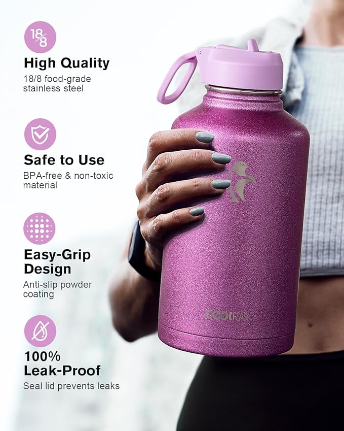 Coolflask Half Gallon Water Bottle Insulated with Straw & 3 Lids, 64 oz Water Jug Large Metal Stainless Steel Wide Mouth for Sports, Gym or Office, Non-BPA Keep Cold 48H Hot 24H, Glitter Pink