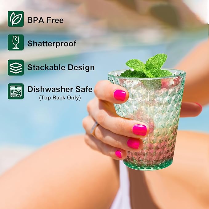 Lily's Home Unbreakable Premium Drinking Glasses Set of 4, Plastic Cups, Reusable Drinkware, Tumblers Water Cups Shatterproof & Stackable, Indoor & Outdoor cups 3.4in×4.3in,13.5oz. Made in Taiwan.