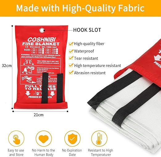 COSHNIBI Emergency Fire Blanket for Home & Kitchen - High Heat Resistant Fire Suppression Blanket （2 Pack）