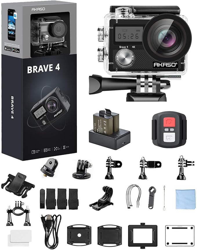 AKASO Brave 4 Action Camera 4K 30fps Ultra HD WiFi Sport Cameras with 170° FOV, Image Stabilization, 131FT Waterproof Underwater Camera with 2x1050mAh Batteries, Helmet Accessories Kit