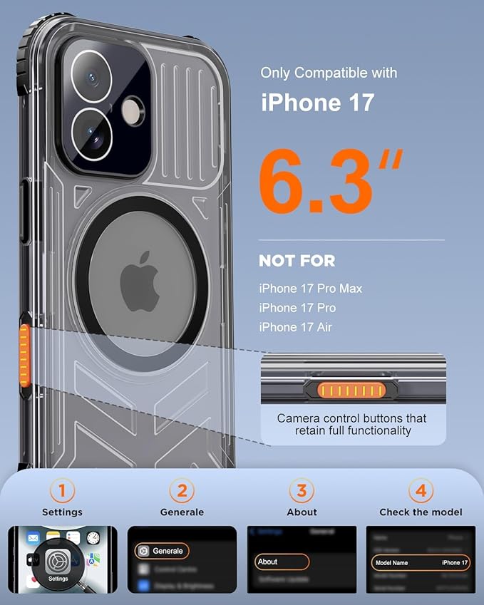 for iPhone 17 Waterproof Case with Magsafe, Built-in [Camera & Screen Protector] [Lanyard], IP68 Water Proof Full Body Dustproof Heavy Duty Frosted Protective Phone Cover, 6.1" Black