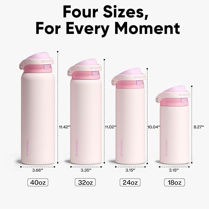 ENCOOL Leakproof Insulated Water Bottle with Straw Dual-Sip Water Bottle Bag-Safe Design for Work, Commute & Gym – Keeps Drinks Cold All Day, 32 oz, Macaron Pink