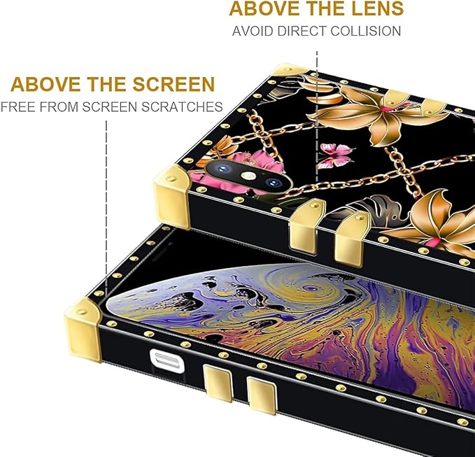 Compatible with iPhone XR Case, Pink Golden Chain Tropical Flower Luxury Golden Decoration for Girl Women Soft TPU Shockproof Protective Hard PC Back for iPhone XR