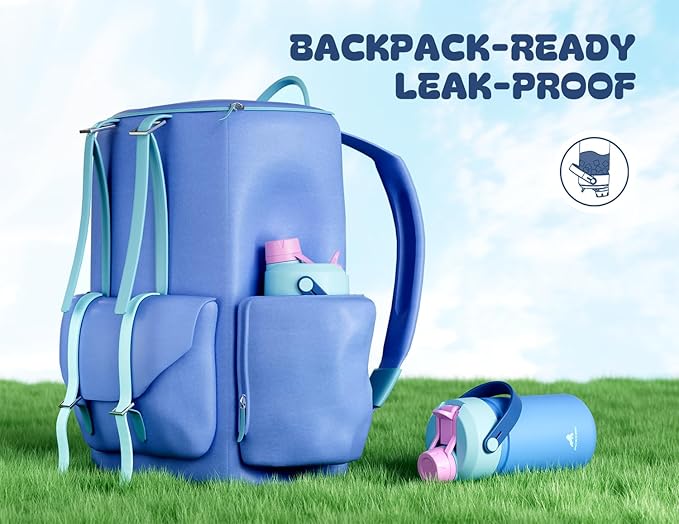 POWCAN 2 Pack 12 oz Kids Insulated Water Bottle for School: Leakproof, 2-in-1 Straw Spout Lid, BPA-Free, Keep Cold 24 Hrs, Stainless Steel Cup for Sports, Travel, Gift (Tangled Shine & Ohana Blue)