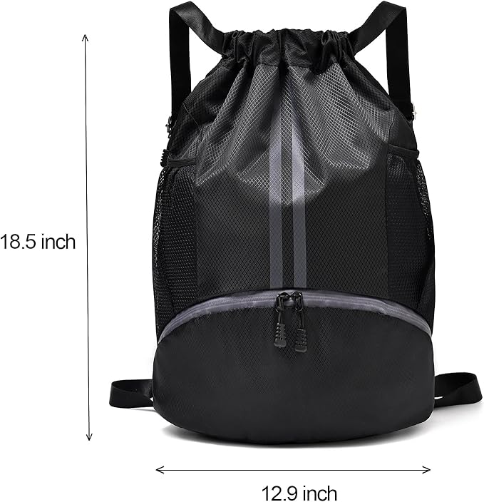 LOKAPEGY Drawstring Gym Bag for Men, Waterproof Drawstring Backpack for Women, Swim with Shoes Compartment, Pull String Sport Bag for Soccer and Basketball. (Grey)