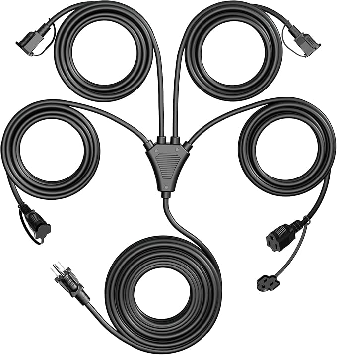 Eversimpleinc Black 1 to 4 Splitter Extension Cord (Combined 31 FT, End to End 13 FT), 3 Prong Plug with 4 Extended Outlets, with Weatherproof Covers for Indoor and Outdoor